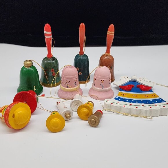 Vintage Lot of 14  Wooden Christmas Bell Hanging Ornaments Set - Picture 2 of 8